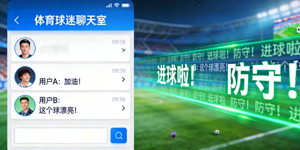 体育球迷在线聊天室界面示意图 - 显示弹幕与聊天框