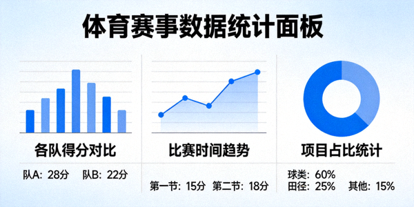 体育赛事数据统计面板示意图 - 显示各种图表与数字